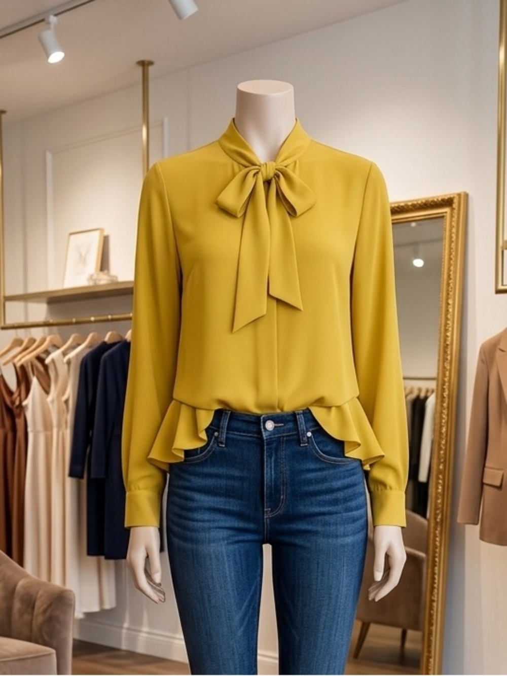 Vince Camuto Mustard Tie-Neck Peplum Blouse